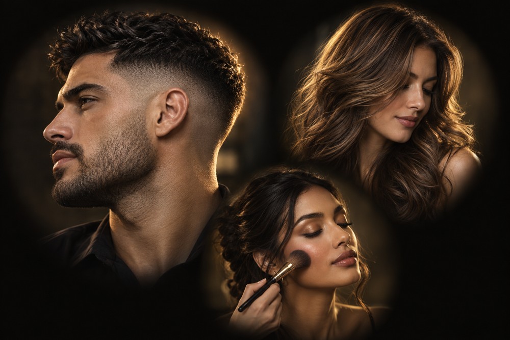 A fresh skin fade, softly styled women’s hair, and professional makeup